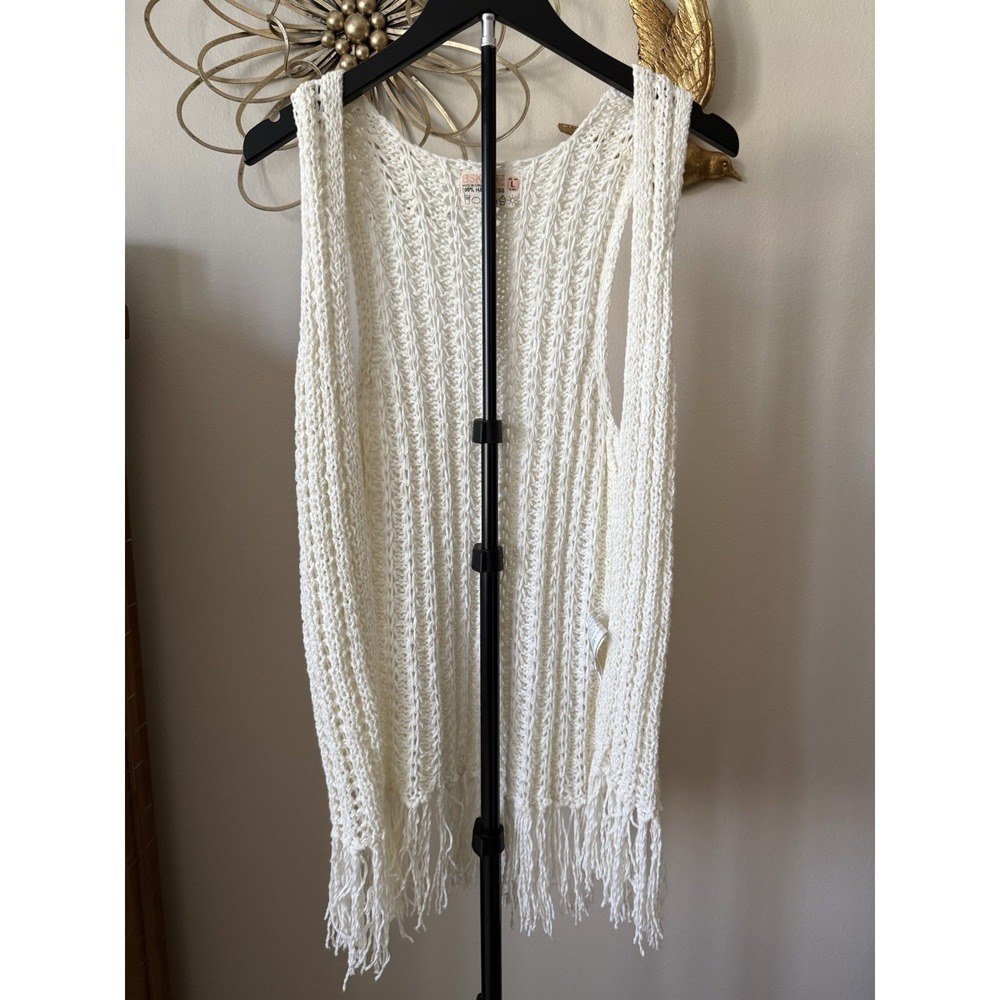 Boho Crochet Knit Vest Fringe Hem Sleeveless Open Cardigan Women L Festival